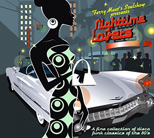 CD cover: stylized woman in dress by a classic car at night.