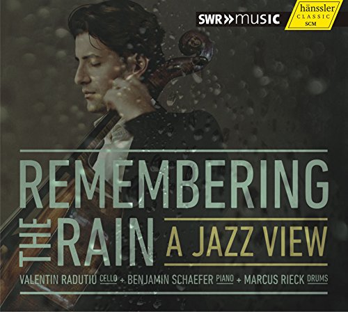 "CD cover featuring a man playing cello with rain drops and text 'Remembering the Rain'."