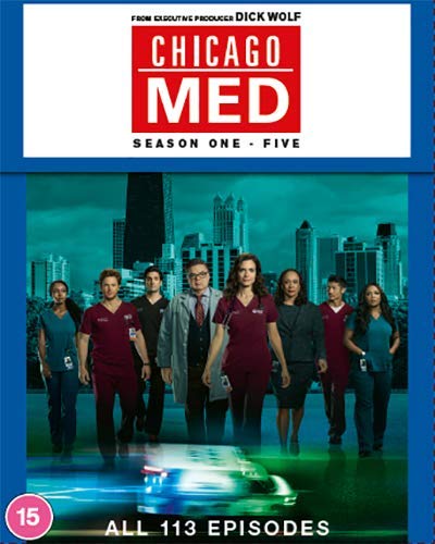 DVD cover for Chicago Med seasons one through five featuring the cast and skyline.
