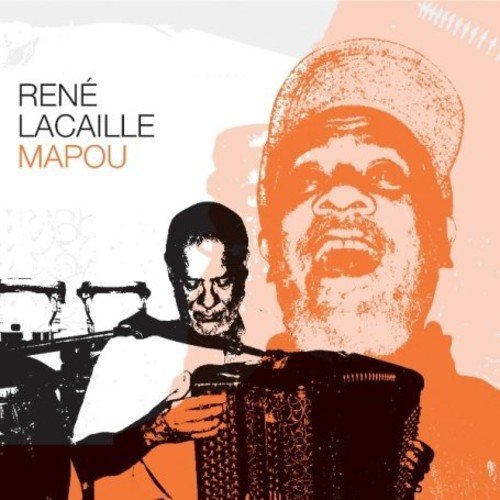"Album cover featuring a man holding a drum, with a large orange portrait."