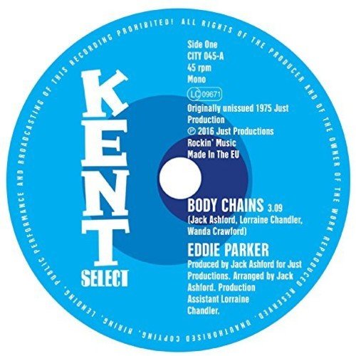 Blue and white vinyl record label with “Eddie Parker / Body Chains” text.