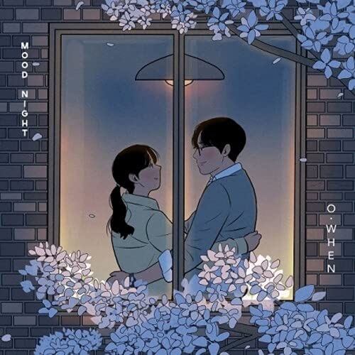 The image depicts a couple in a window surrounded by flowers.