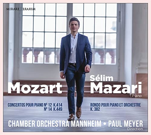CD cover featuring pianist Selim Mazari, text “Mozart” and concertos details.