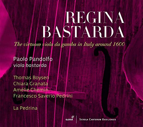 The image is a CD cover for "Regina Bastarda" with a magenta-toned background featuring a viola da gamba. Alt text: Magenta CD cover with viola da gamba and white and yellow text.