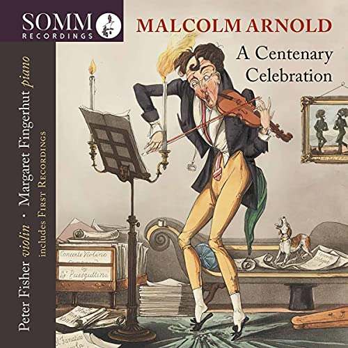 CD cover: caricature of violinist with sheet music and dog.