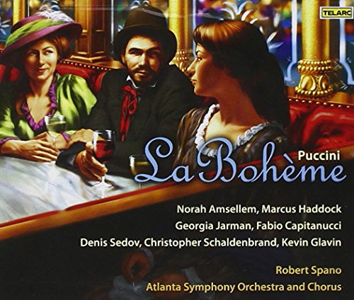"CD cover art: illustration of three people at a cafe, 'La Boheme' title."