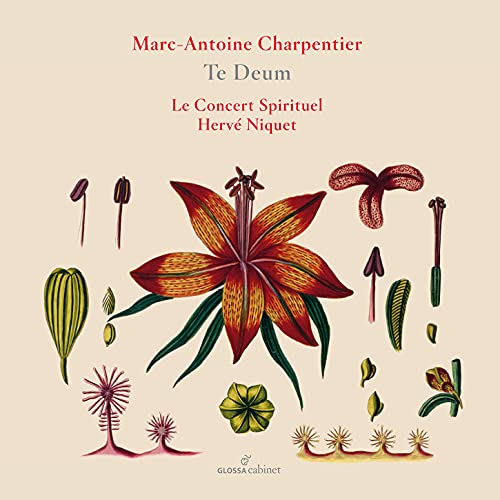 A CD cover featuring a large red flower surrounded by its parts on beige background.