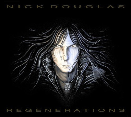 Album cover with illustration of a man with long flowing hair against a black background.
