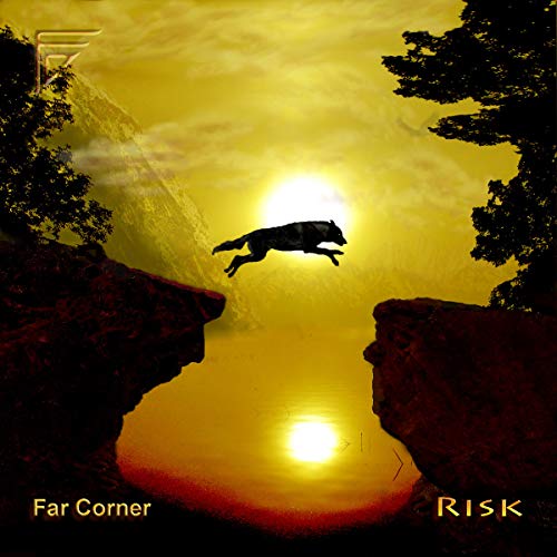 CD cover: wolf leaping across a canyon at sunset.