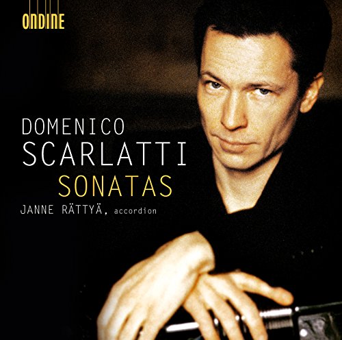 "CD cover featuring a man holding an accordion, with text 'Domenico Scarlatti Sonatas'."