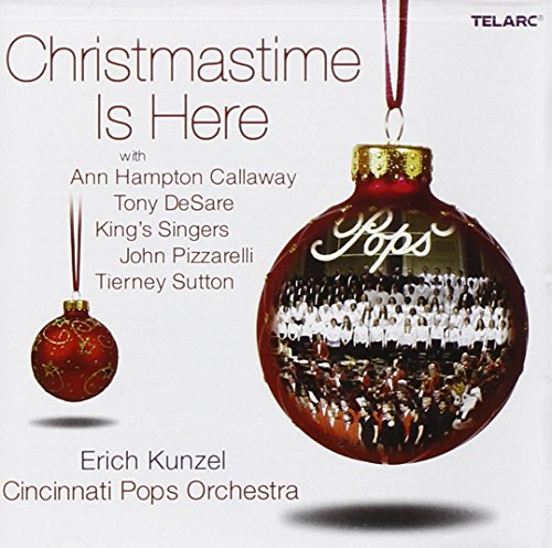 Christmas album cover with red ornaments and a large Pops logo on a white background.