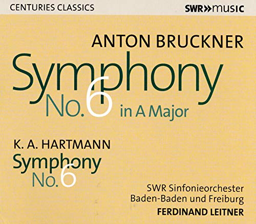 CD cover for Bruckner and Hartmann symphonies, featuring golden text on a blue background.