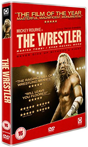 Red DVD case for "The Wrestler" with a shirtless man and blonde hair.