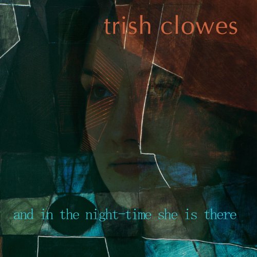 "Album cover with a woman's face, abstract shapes, and text."