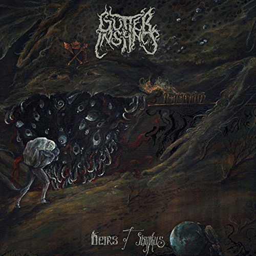 Dark album cover depicting a figure pushing a boulder uphill.