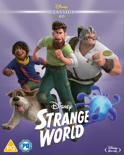 Strange World" Blu-ray cover featuring three characters, a dog, and a blue creature.