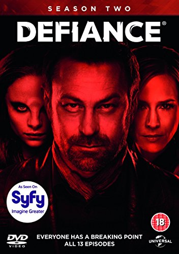 DVD cover for "Defiance - Season 2" featuring three close-up faces with red tint.