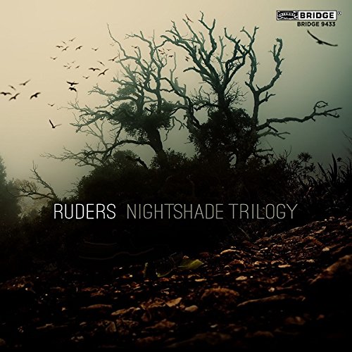 "Album cover featuring a dark, misty landscape with bare trees and flying birds."