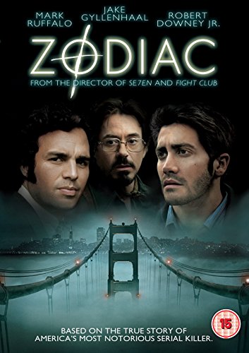 DVD cover for "Zodiac" featuring Mark Ruffalo, Robert Downey Jr., and Jake Gyllenhaal.