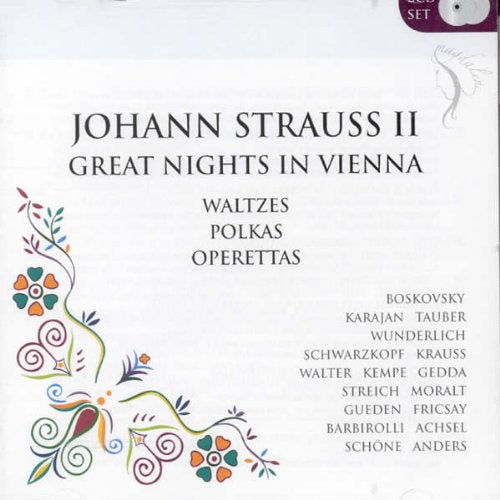 CD cover for Johann Strauss II’s “Great Nights in Vienna” with floral design.