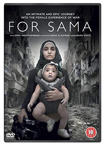 DVD cover for "For Sama" showing a woman holding a baby amidst war-torn buildings.