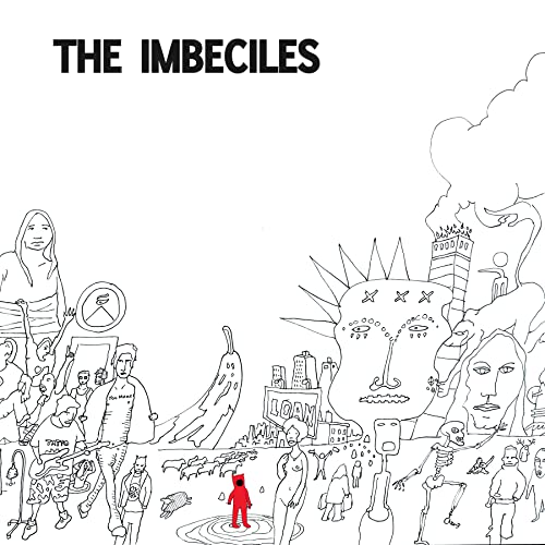 Black and white line drawing of a crowd and city landscape.