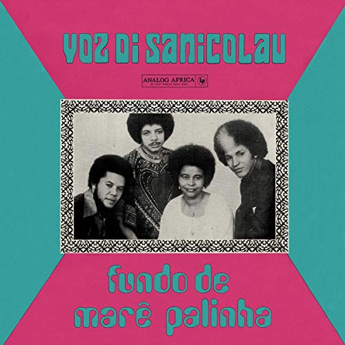 "Album cover with black-and-white photo of four people on pink and teal background."