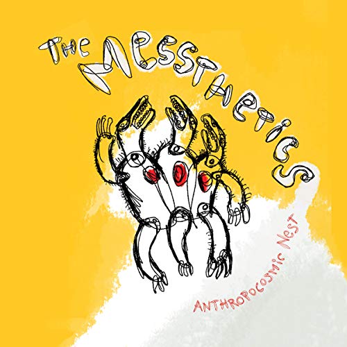Hand-drawn illustration of multiple animal heads on a yellow background.