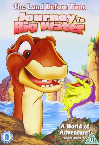 "Land Before Time: Journey to Big Water DVD cover featuring cartoon dinosaurs by water."