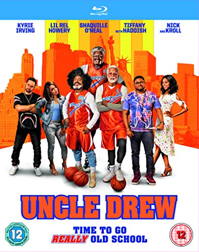 "Blu-ray cover for 'Uncle Drew' featuring a group of people in front of a city skyline."