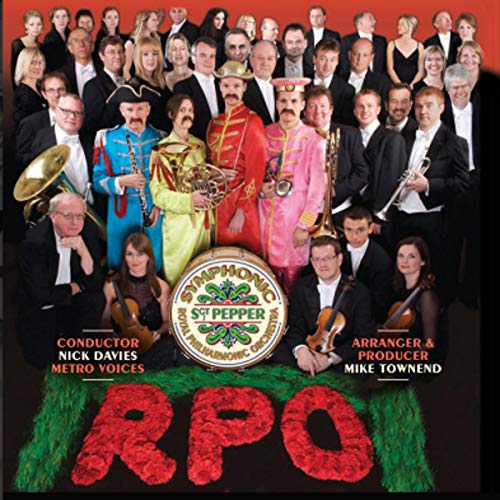 Orchestra members in formal and colorful attire, āSgt. Pepperā logo visible.