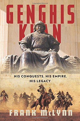 "Book cover featuring a statue of Genghis Khan and Mongol warriors on horseback."
