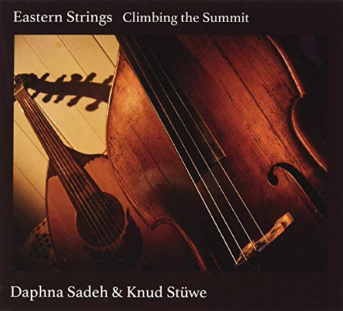 "CD cover featuring a cello and oud against a wooden background, darkened edges."