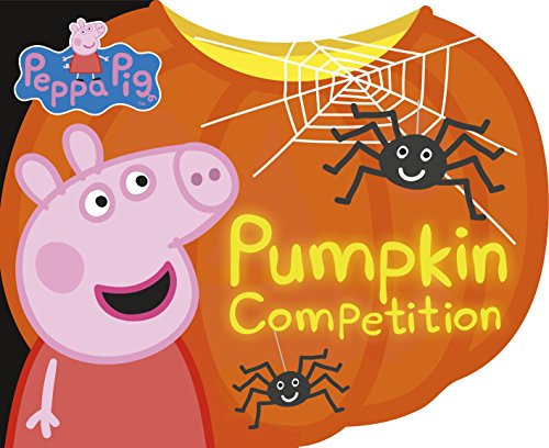The image shows a children's book titled "Peppa Pig: Pumpkin Competition" with an orange cover. An appropriate alt text for this image could be: "Orange children's book cover featuring Peppa Pig and spiders."