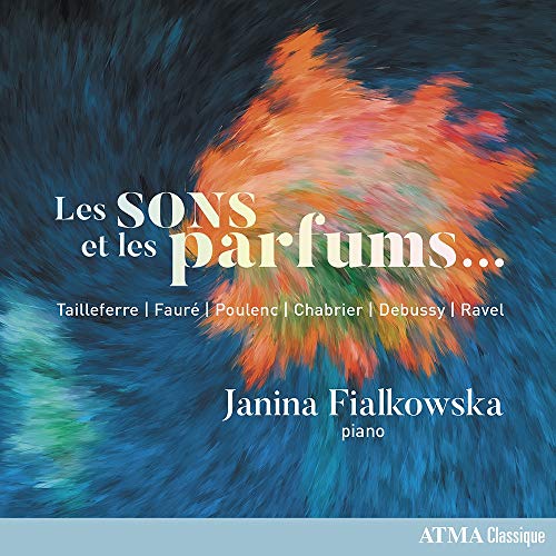"CD cover with abstract blue and orange background, white text featuring artist Janina Fialkowska."