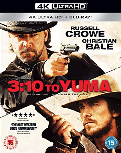 "Blu-ray cover featuring two men with guns, wearing cowboy hats, with title '3:10 To Yuma'."