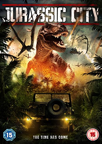 Jurassic City" DVD cover featuring a roaring T-Rex and a jeep in foliage.