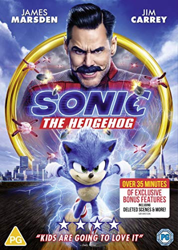 DVD cover for "Sonic the Hedgehog" featuring Jim Carrey and Sonic.