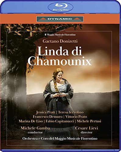 Blu-ray cover for Donizetti’s “Linda di Chamounix” opera, featuring a singer.