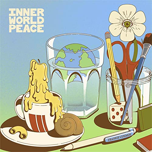 Frankie Cosmos album cover: still life with Earth in a glass, art supplies.