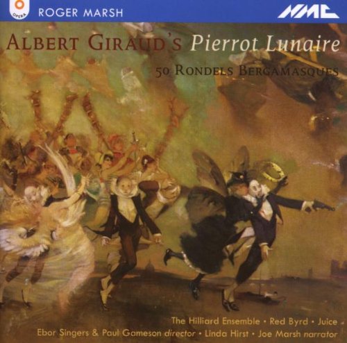 "Album cover featuring a painting of masked figures dancing, with blue banner at top."