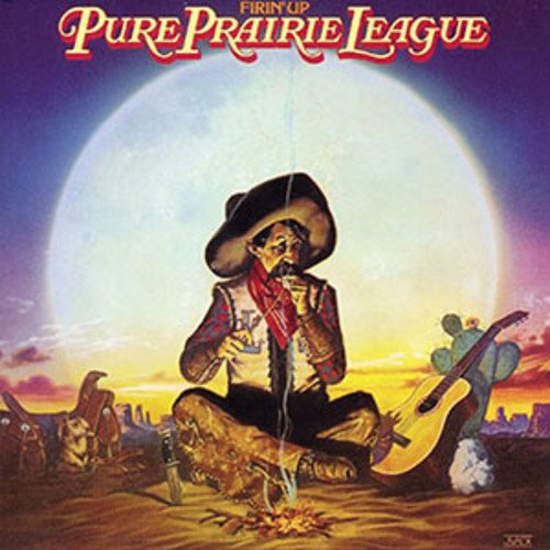 "Album cover art of Pure Prairie League's 'Firin' Up' featuring a cowboy meditating."
