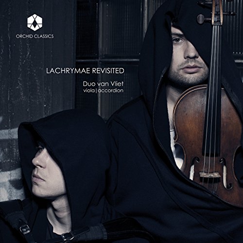 "Album cover featuring two men in black hoodies with a viola and accordion."