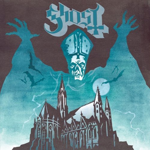 The image shows a vinyl record cover featuring a gothic cathedral and a ghostly figure. For accessibility purposes, a suitable alt text could be: "Vinyl record cover with gothic cathedral and ghostly figure illustration."