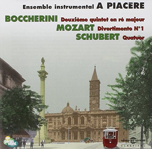 CD cover featuring composers Boccherini, Mozart, Schubert and a city scene.