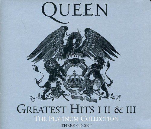 "Grey CD cover with black crest and 'Queen' text, featuring lions and a crown."