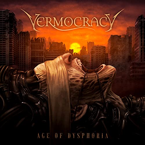 CD cover: dystopian city background with a monstrous, shrouded figure.