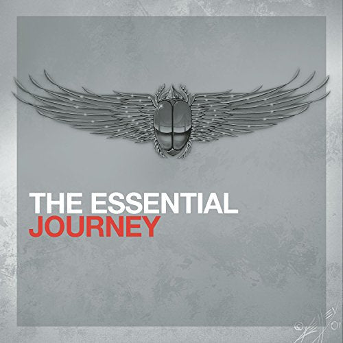 "Album cover with silver winged logo and 'The Essential Journey' text on gray background."