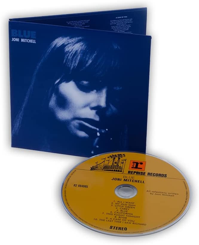 CD case featuring Joni Mitchell's "Blue" album cover, likely blue-toned imagery.