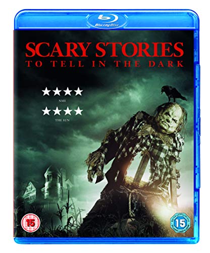 "Blue Blu-ray case with 'Scary Stories to Tell in the Dark' cover art featuring a scarecrow."